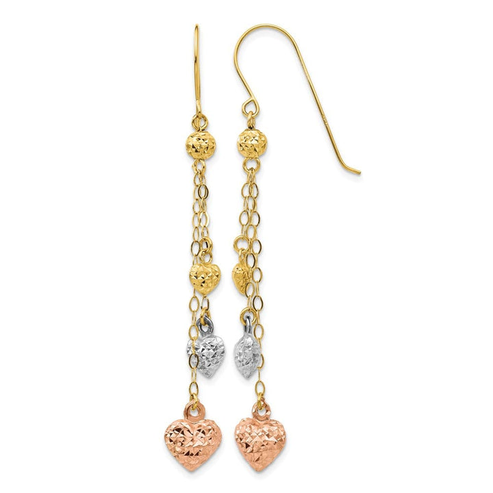 14K Tri-Color Gold Puffed Heart and Chain Dangle French Hook Earrings, view 1 of 4