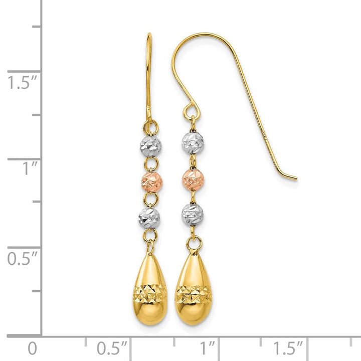 14K Tri-Color Gold Puffed Teardrop Beaded Dangle French Hook Earrings, view 4 of 4