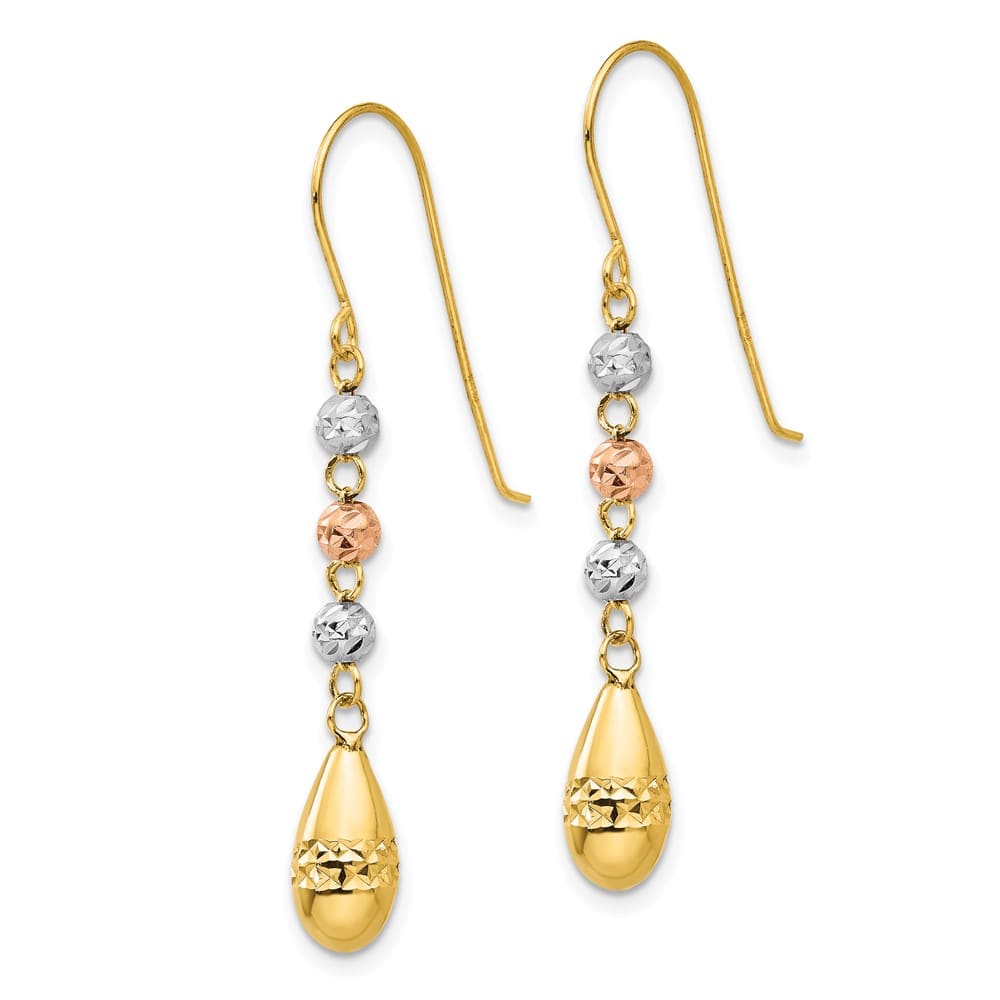 14K Tri-Color Gold Puffed Teardrop Beaded Dangle French Hook Earrings, view 2 of 4