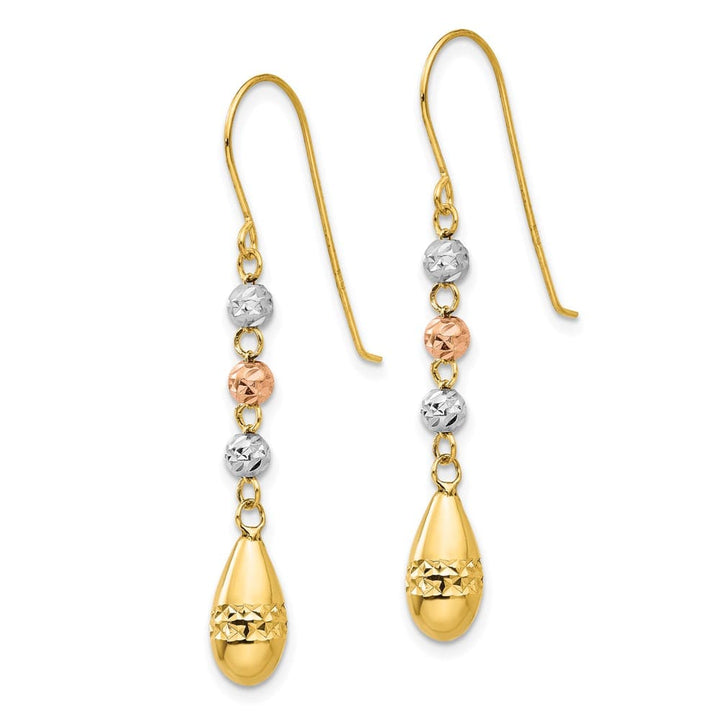 14K Tri-Color Gold Puffed Teardrop Beaded Dangle French Hook Earrings, view 2 of 4