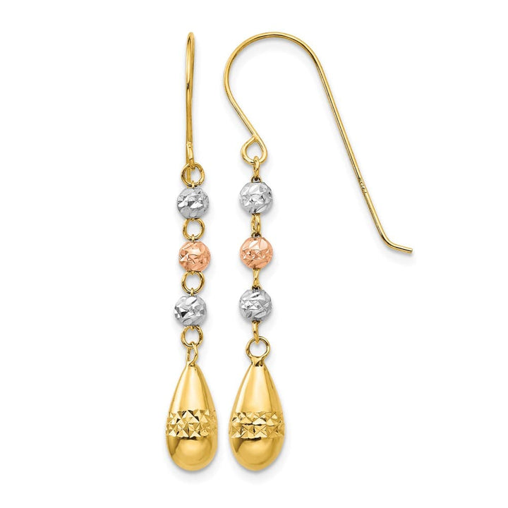 14K Tri-Color Gold Puffed Teardrop Beaded Dangle French Hook Earrings, view 1 of 4