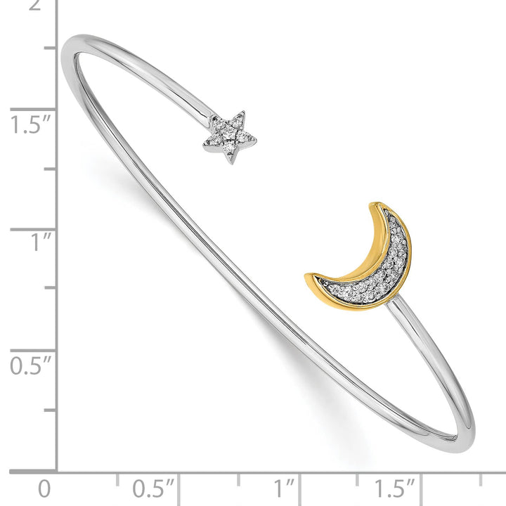 14k Two-tone 1/6 carat Diamond Moon and Star Cuff Bangle Bracelet