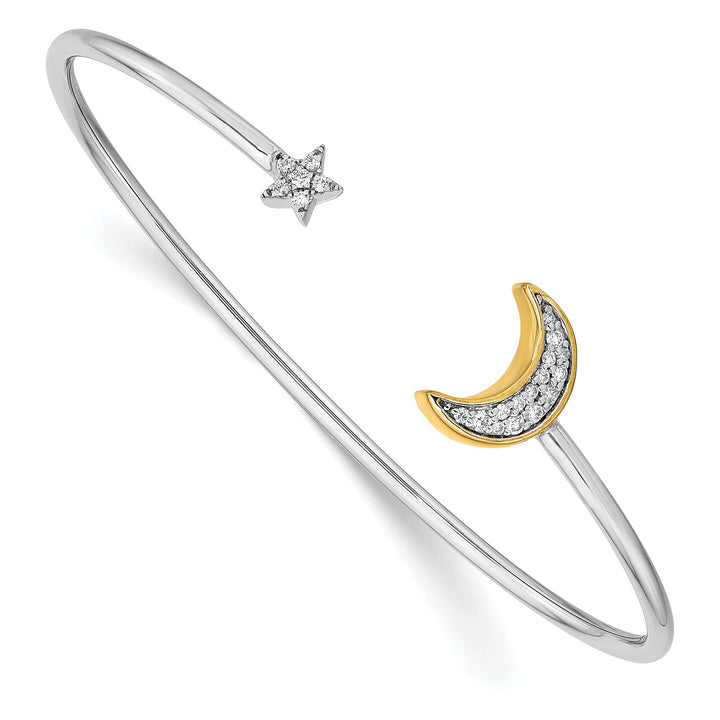 14k Two-tone 1/6 carat Diamond Moon and Star Cuff Bangle Bracelet