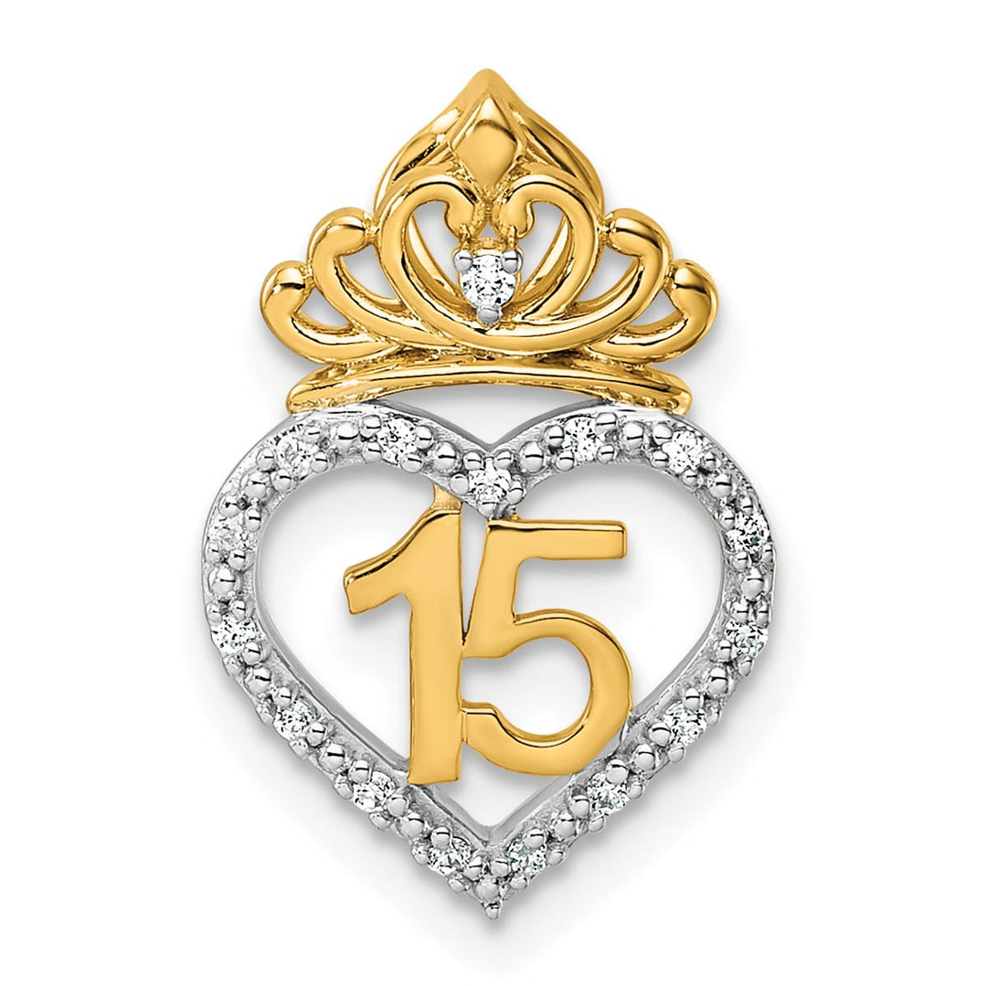 14K Two-Tone Gold 1/15 carat Diamond Quinceanera 15 Heart with Crown