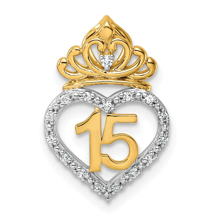 14K Two-Tone Gold 1/15 carat Diamond Quinceanera 15 Heart with Crown