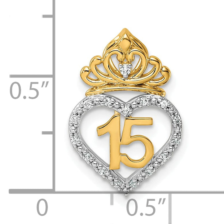 14K Two-Tone Gold 1/15 carat Diamond Quinceanera 15 Heart with Crown