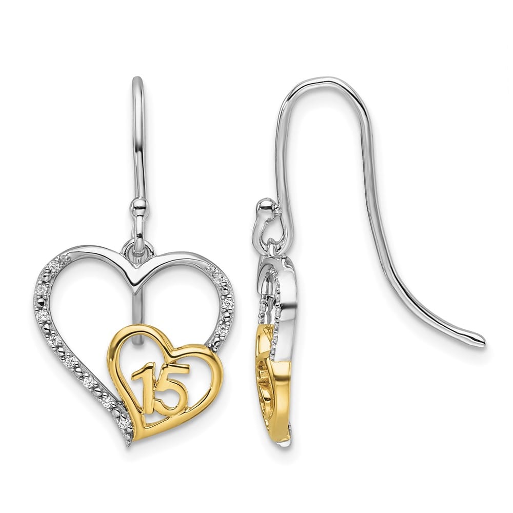 14K Two-Tone Gold 1/20 carat Diamond 15 Heart Dangle Hook Earrings, view 1 of 3