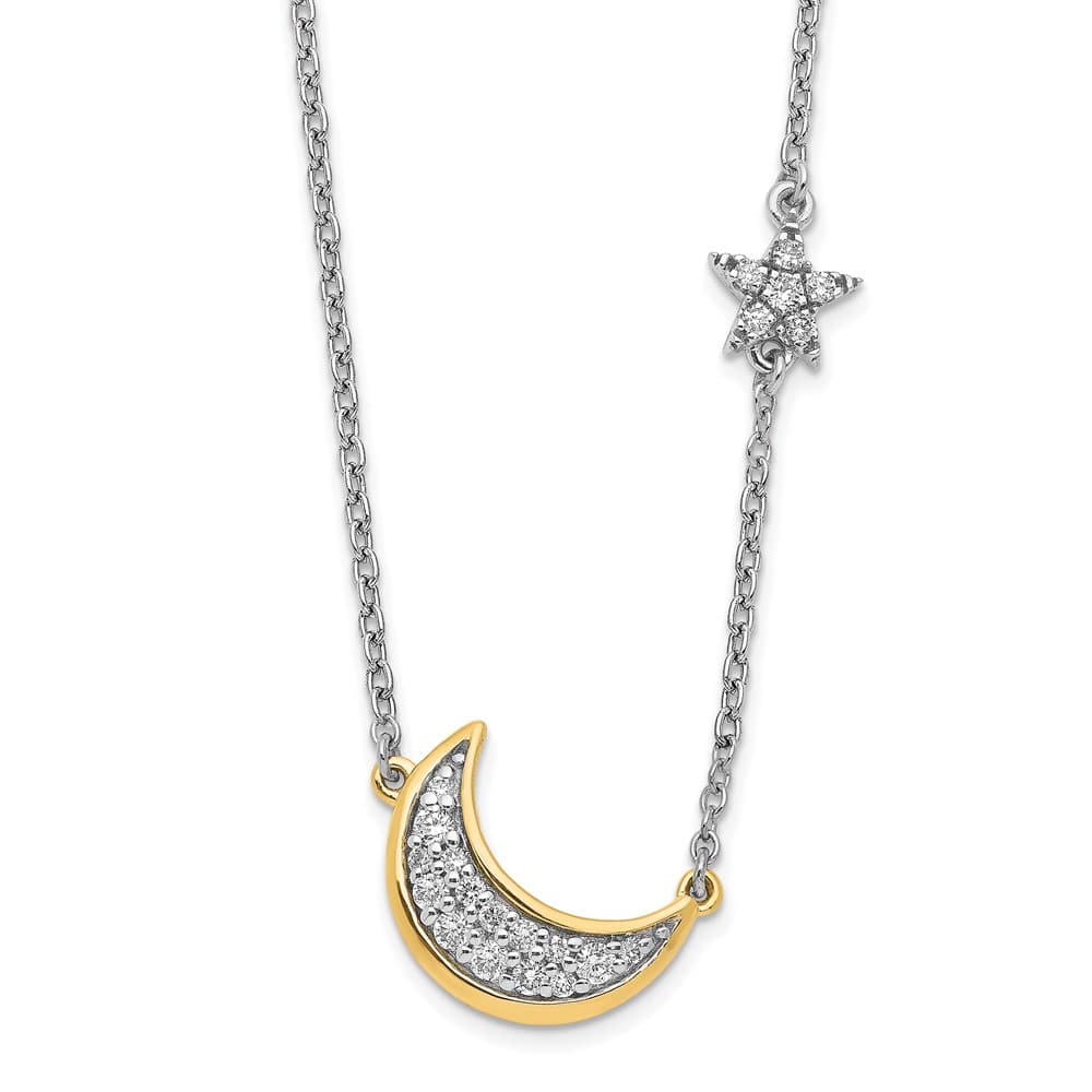 14K Two-Tone Gold 1/6 ct Diamond Moon with Star 18 inch Necklace