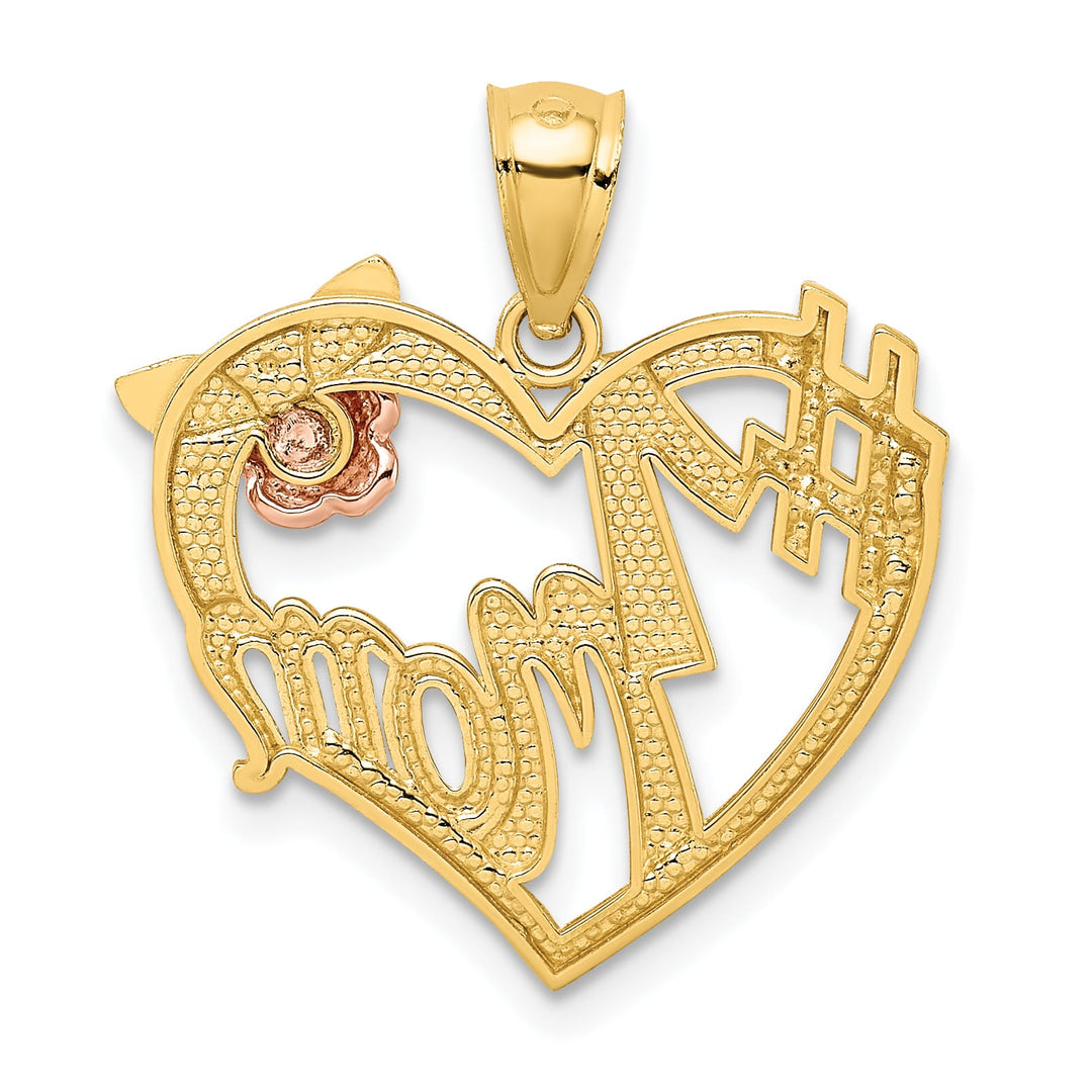 14K Two-Tone Gold #1 Mom Flower Heart Pendant