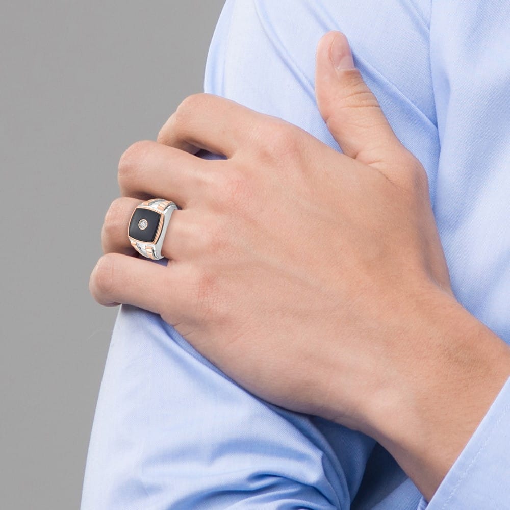 14k Two-Tone Gold 12.62 mm 12.40 g Cushion Onyx Diamond Men's Ring