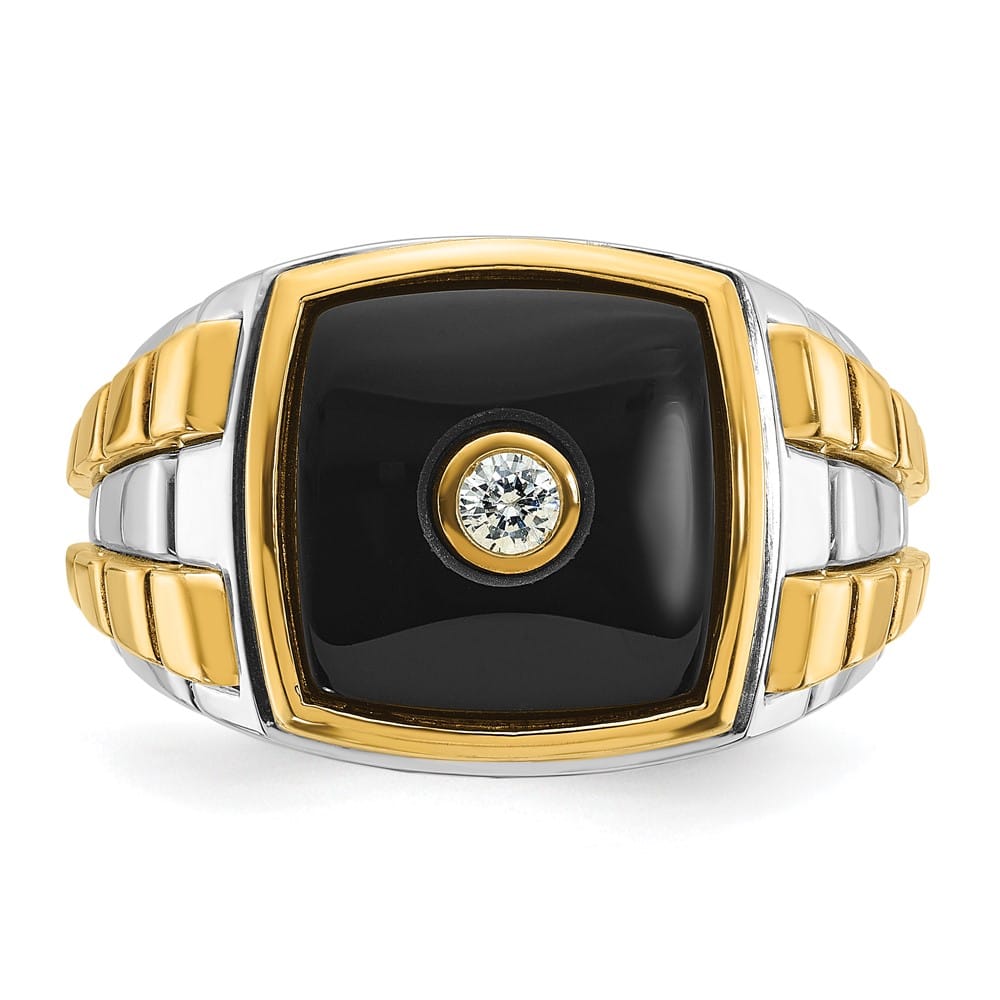 14k Two-Tone Gold 12.62 mm 12.48 g Cushion Onyx Diamond Men's Ring