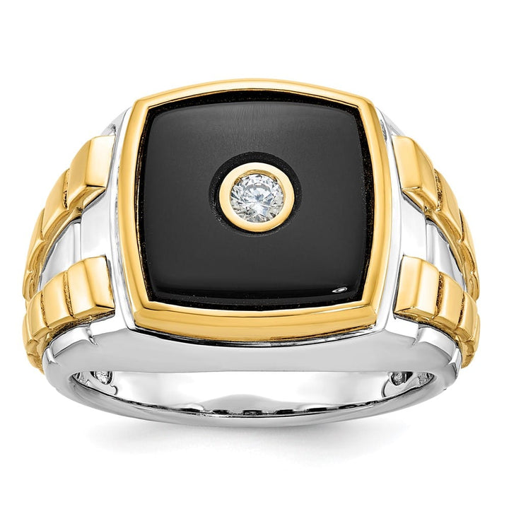 14k Two-Tone Gold 12.62 mm 12.48 g Cushion Onyx Diamond Men's Ring