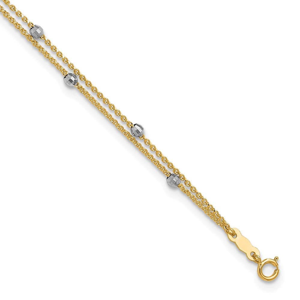 14K Two-Tone Gold 2-Strand with Mirror Beads Anklet — solid 14K two-tone gold, 9 inches long, 1 inch extension, 2 mm wide, spring ring clasp, 2.77 g