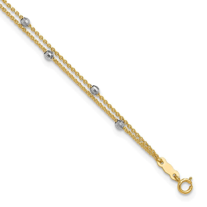 14K Two-Tone Gold 2-Strand with Mirror Beads Anklet — solid 14K two-tone gold, 9 inches long, 1 inch extension, 2 mm wide, spring ring clasp, 2.77 g