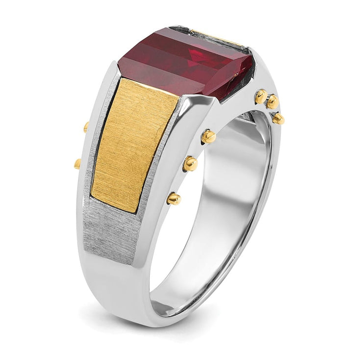 14k Two-Tone Gold Barrel Lab Created Garnet Men's Ring