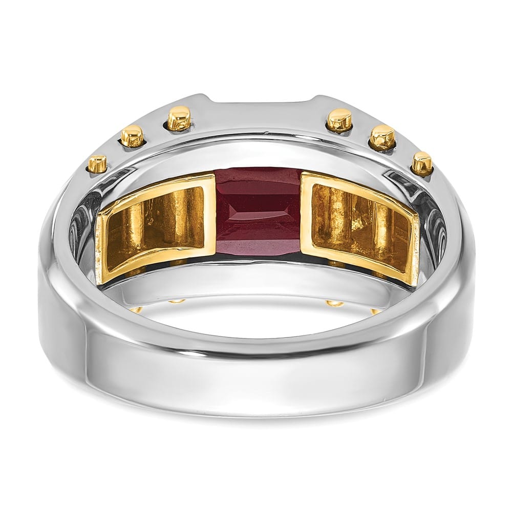 14k Two-Tone Gold Barrel Lab Created Garnet Men's Ring