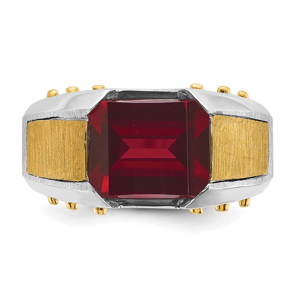 14k Two-Tone Gold Barrel Lab Created Garnet Men's Ring