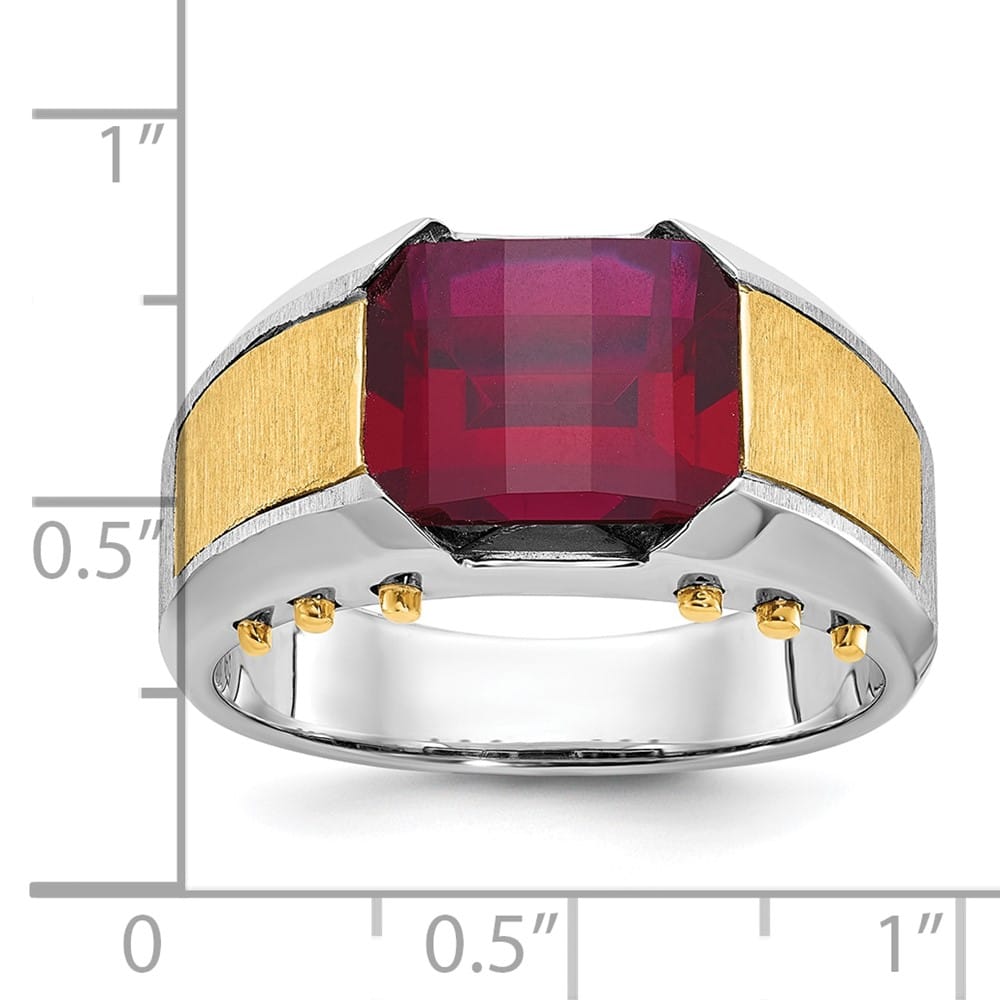 14k Two-Tone Gold Barrel Lab Created Garnet Men's Ring