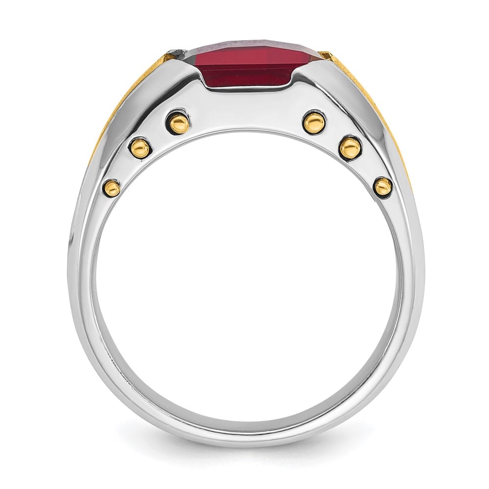14k Two-Tone Gold Barrel Lab Created Garnet Men's Ring