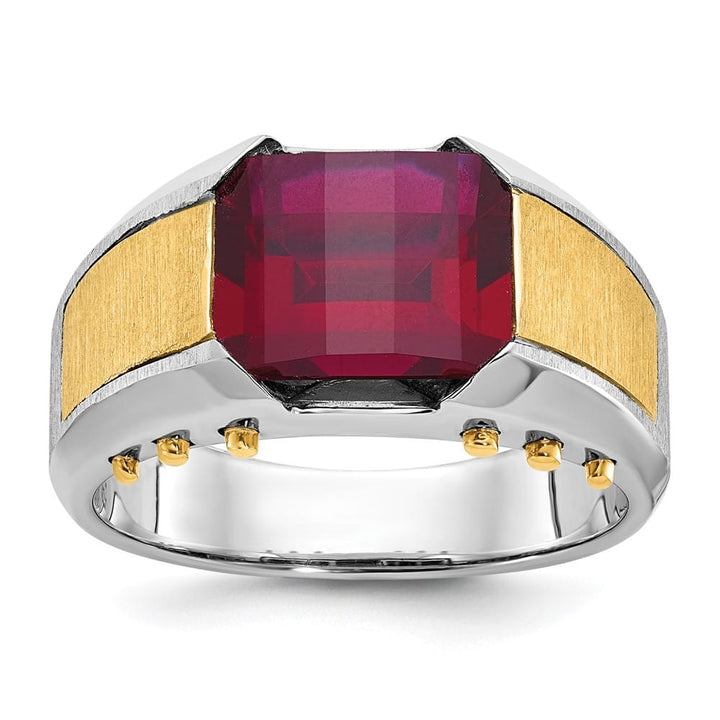 14k Two-Tone Gold Barrel Lab Created Garnet Men's Ring