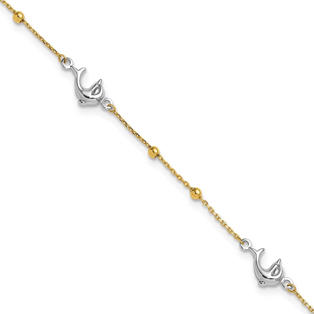14K Two-Tone Gold Beads and Three Dolphins Anklet — solid 14K two-tone gold, 9 inches long, 1 inch extension, 0.9 mm wide, spring ring clasp, 1.95 g