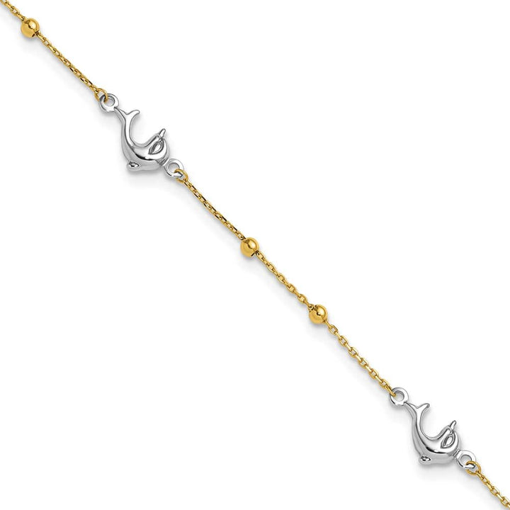 14K Two-Tone Gold Beads and Three Dolphins Anklet — solid 14K two-tone gold, 9 inches long, 1 inch extension, 0.9 mm wide, spring ring clasp, 1.95 g
