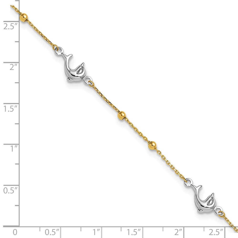 14K Two-Tone Gold Beads and Three Dolphins Anklet