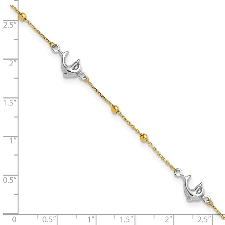 14K Two-Tone Gold Beads and Three Dolphins Anklet