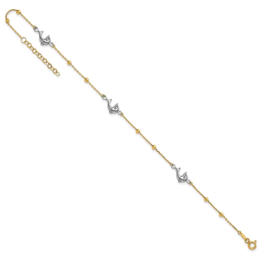 14K Two-Tone Gold Beads and Three Dolphins Anklet
