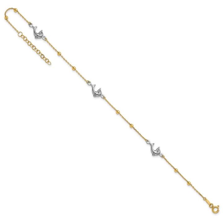 14K Two-Tone Gold Beads and Three Dolphins Anklet