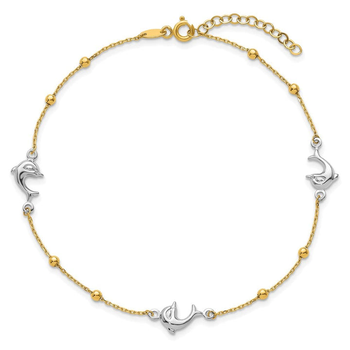 14K Two-Tone Gold Beads and Three Dolphins Anklet