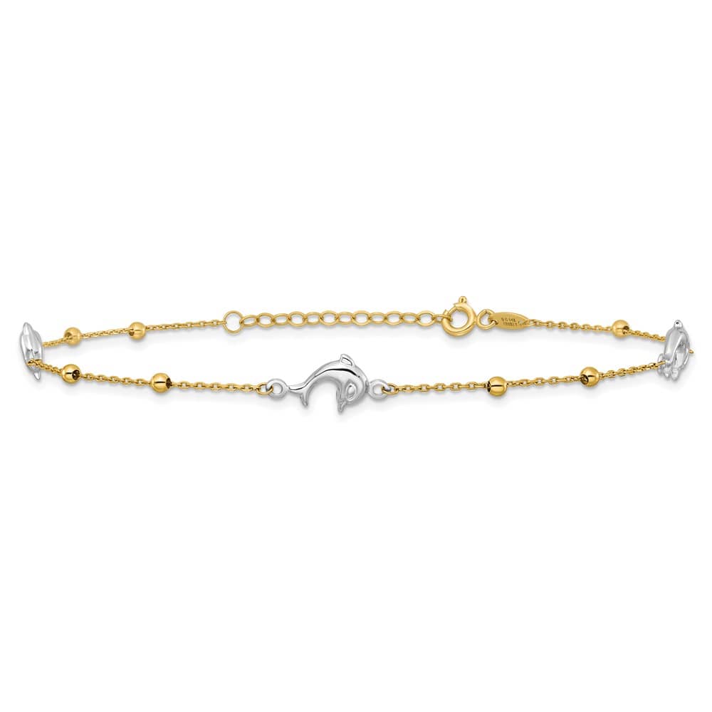 14K Two-Tone Gold Beads and Three Dolphins Anklet