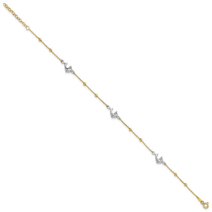 14K Two-Tone Gold Beads and Three Dolphins Anklet