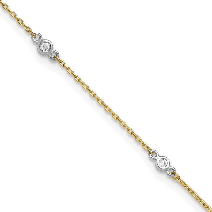 14K Two-Tone Gold Bezel-set CZ 6-Station Anklet — solid 14K two-tone gold, 9 inches long, 1 inch extension, 1 mm wide, spring ring clasp, 1.44 g