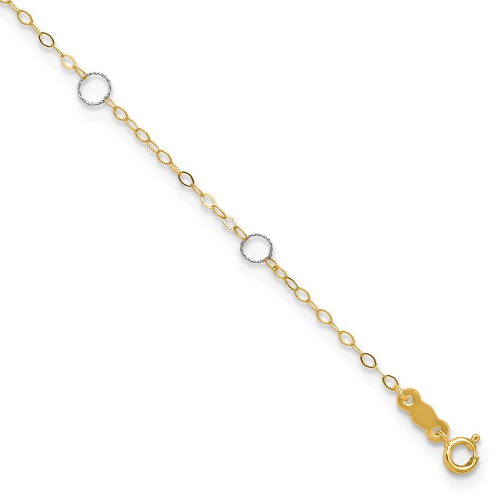 14K Two-Tone Gold Circles 7-Station Anklet — solid 14K two-tone gold, 10 inches long, 1 inch extension, 1.5 mm wide, spring ring clasp, 0.62 g