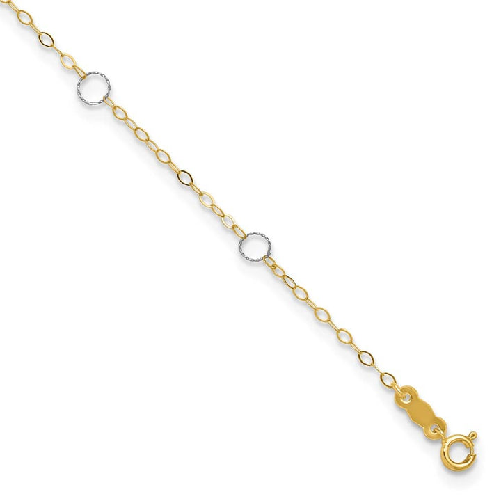 14K Two-Tone Gold Circles 7-Station Anklet — solid 14K two-tone gold, 10 inches long, 1 inch extension, 1.5 mm wide, spring ring clasp, 0.62 g