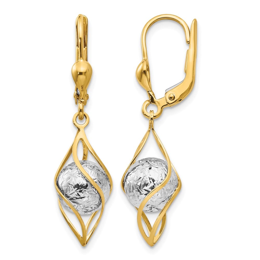 14K Two-Tone Gold D.C. Bead and Twist Dangle Leverback Earrings, view 1 of 4