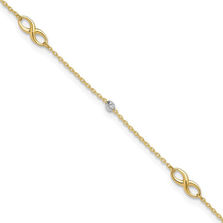 14K Two-Tone Gold D.C. Beads and Infinity Anklet — solid 14K two-tone gold, 10 inches long, 1 inch extension, 1 mm wide, spring ring clasp, 1.42 g