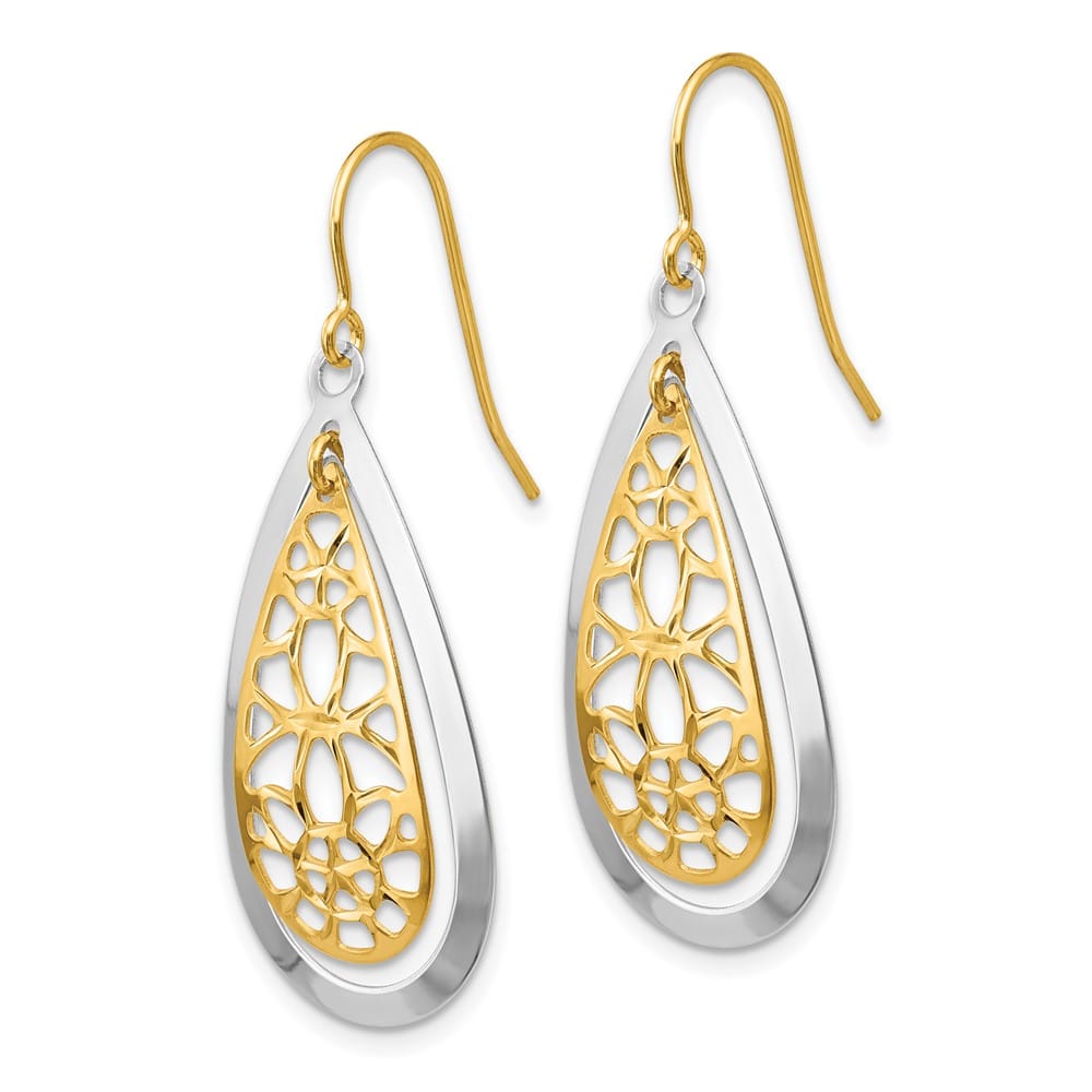14K Two-Tone Gold D.C. Floral Teardrop Dangle French Hook Earrings, view 2 of 4