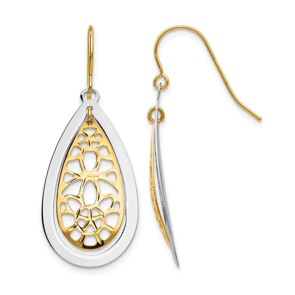 14K Two-Tone Gold D.C. Floral Teardrop Dangle French Hook Earrings, view 1 of 4