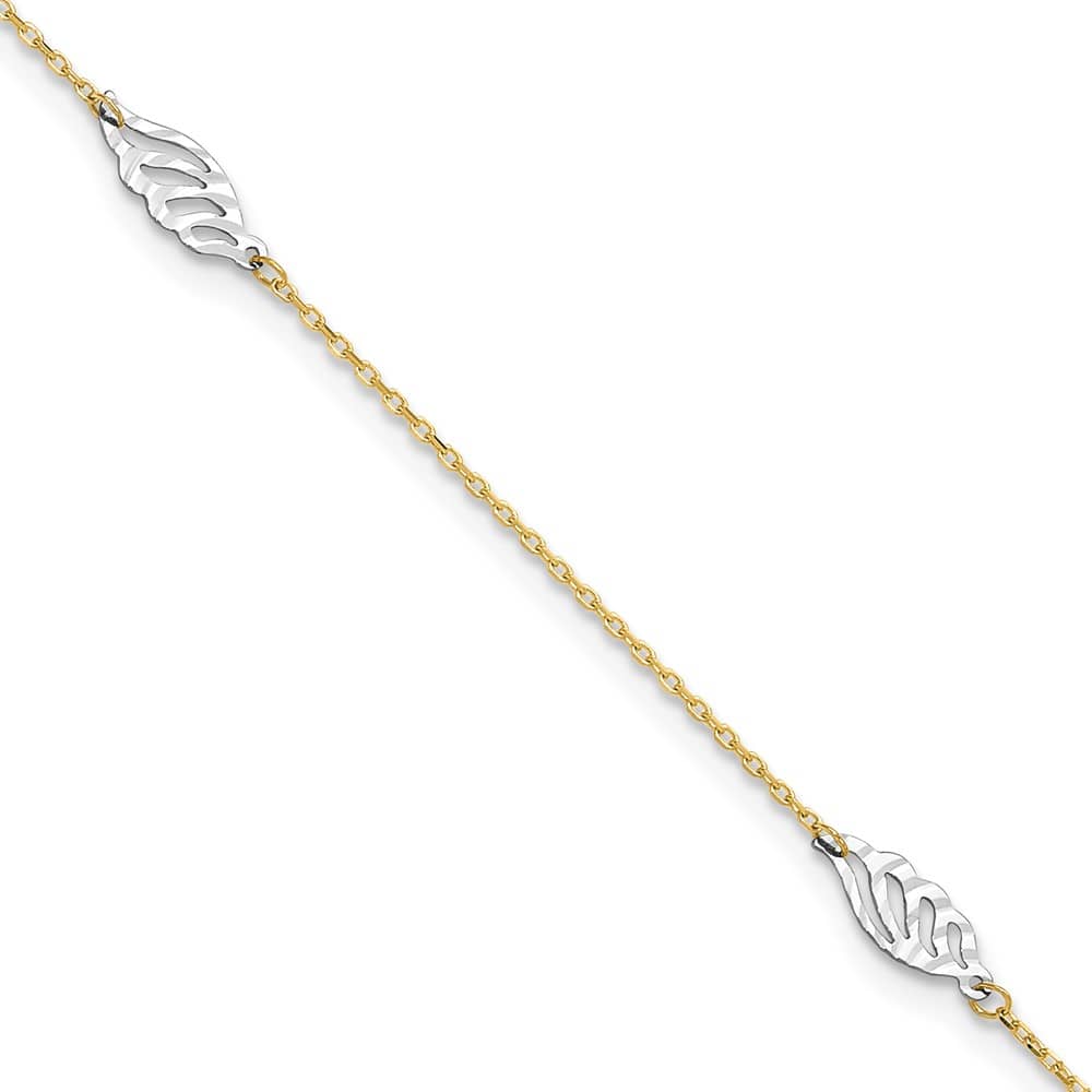 14K Two-Tone Gold D.C. Leaf 4-Station Anklet — solid 14K two-tone gold, 9 inches long, 1 inch extension, 1 mm wide, lobster clasp, 1.51 g
