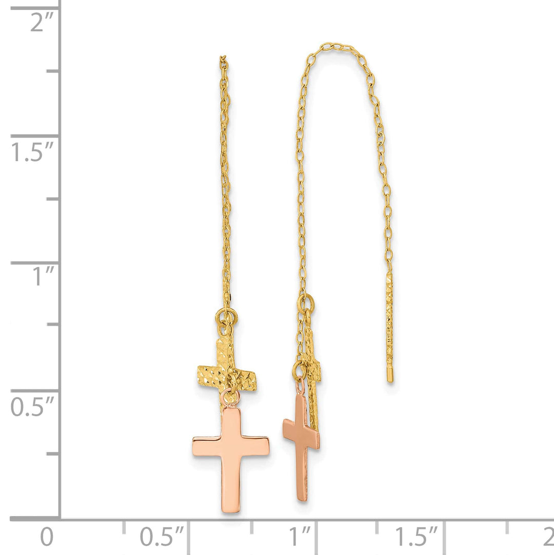 14K Two-Tone Gold D.C. Polished 2-Crosses Threader Earrings
