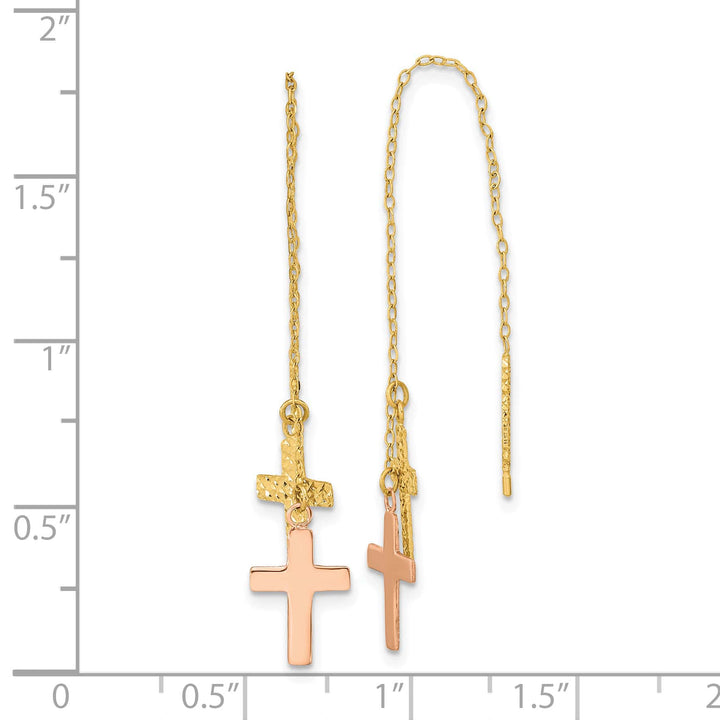 14K Two-Tone Gold D.C. Polished 2-Crosses Threader Earrings