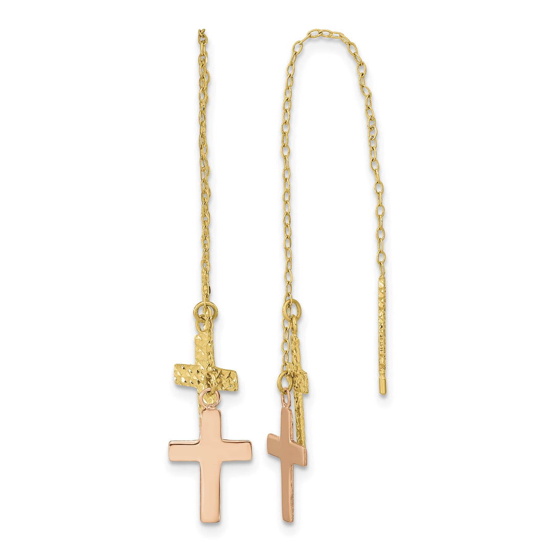 14K Two-Tone Gold D.C. Polished 2-Crosses Threader Earrings