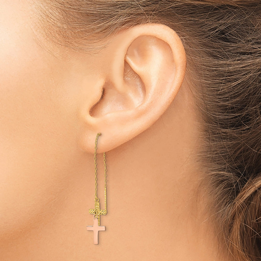14K Two-Tone Gold D.C. Polished 2-Crosses Threader Earrings