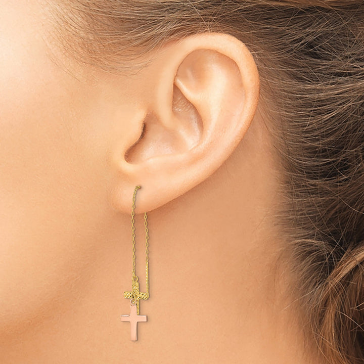 14K Two-Tone Gold D.C. Polished 2-Crosses Threader Earrings