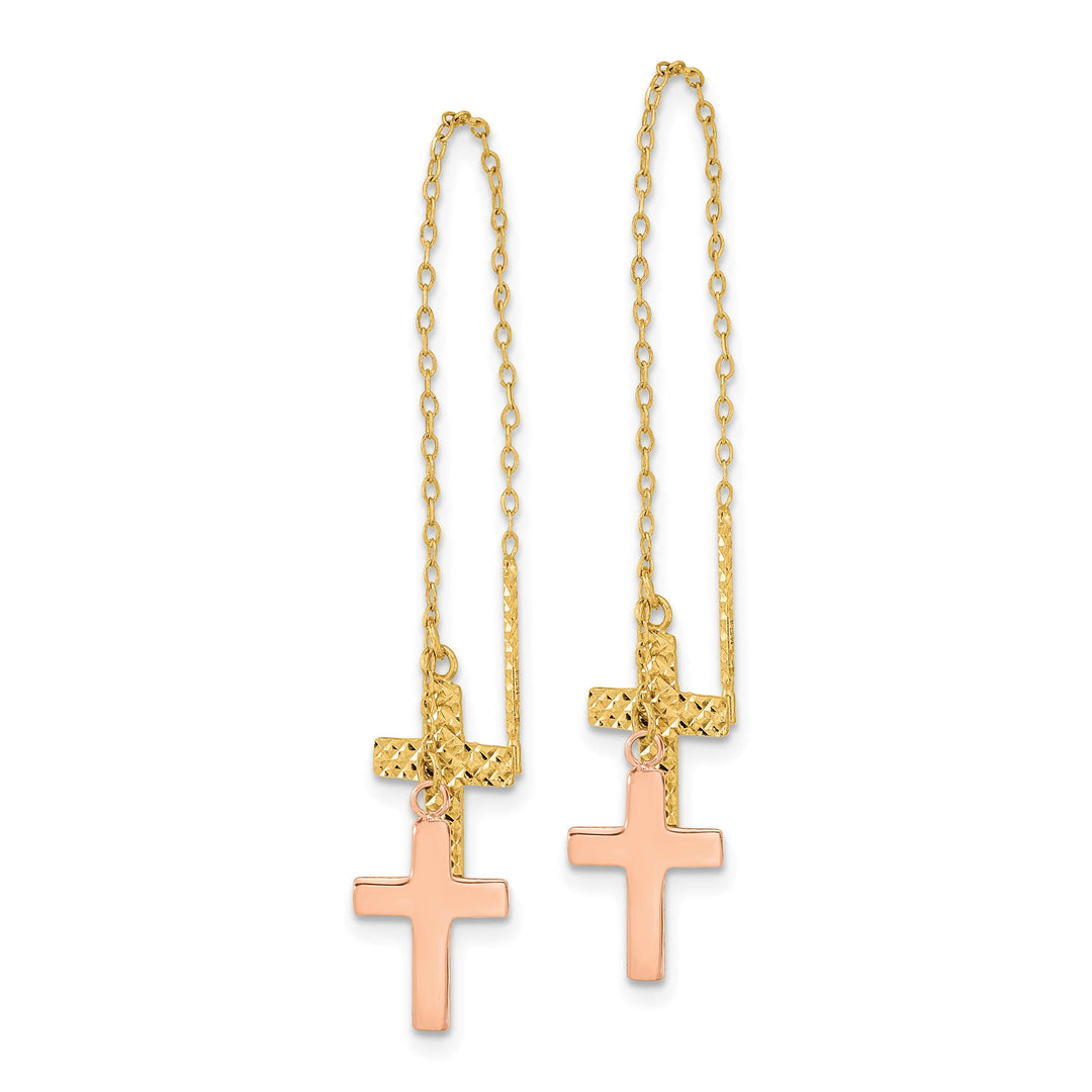14K Two-Tone Gold D.C. Polished 2-Crosses Threader Earrings