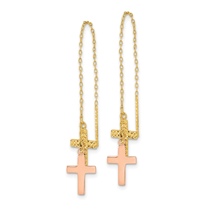 14K Two-Tone Gold D.C. Polished 2-Crosses Threader Earrings