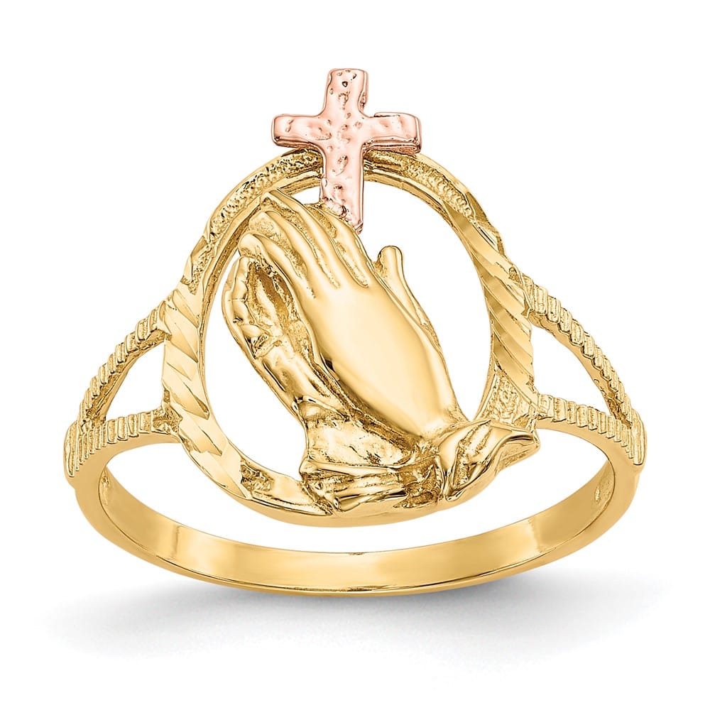 14k Two-Tone Gold D.C. Praying Hands with Cross Ring