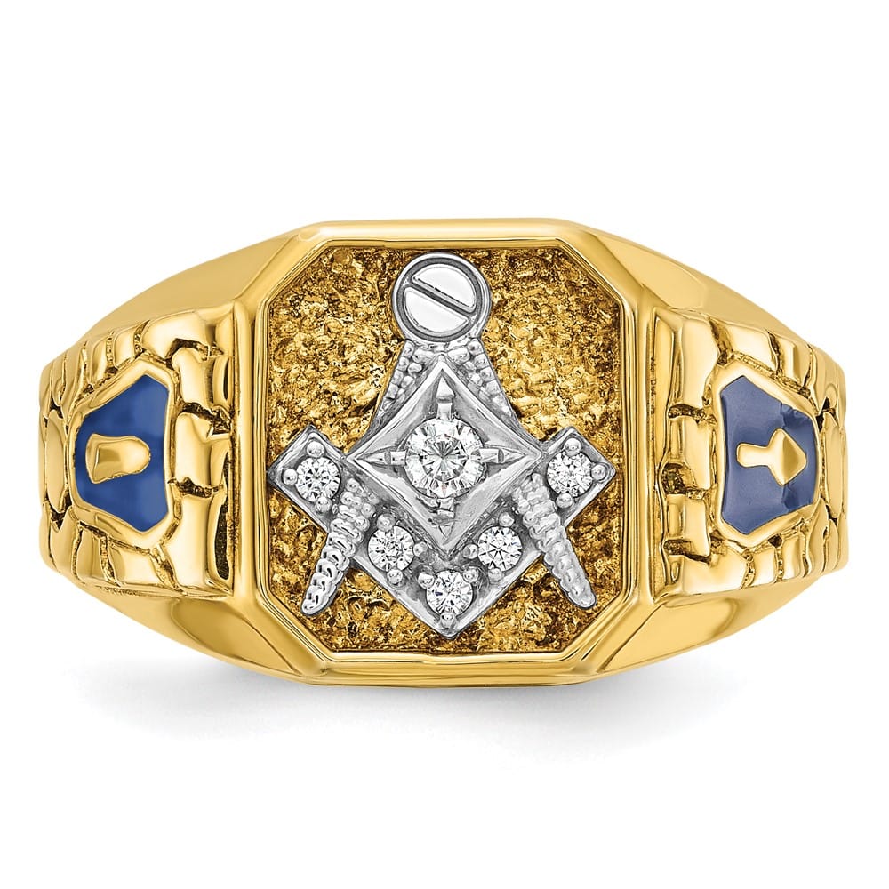 14k Two-Tone Gold Diamond 7.51 g with Blue Enamel and Blue Lodge Ring